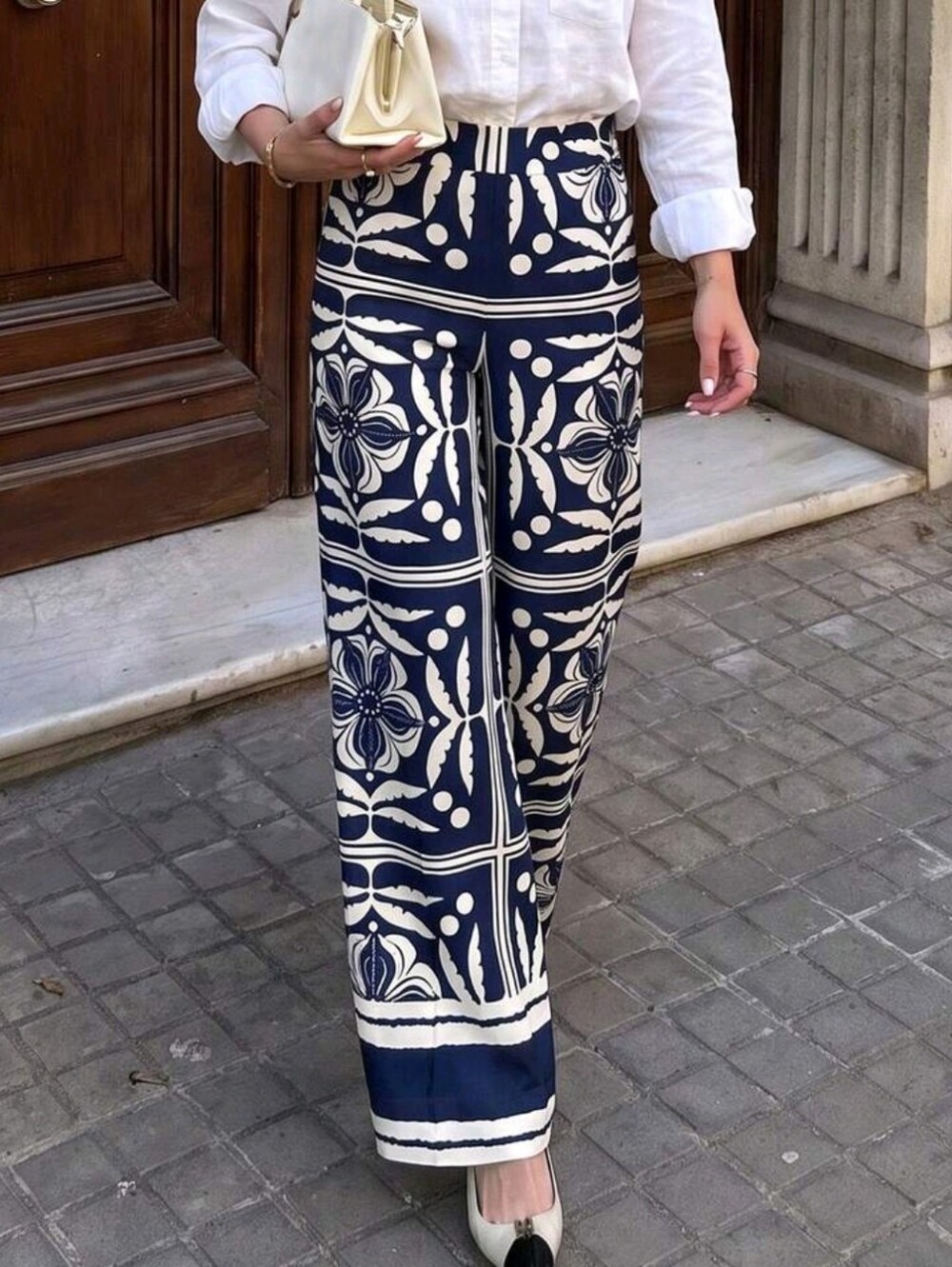 Women's Navy Geometric Floral Print High Waist Wide Leg Pants, Spring/Summer Vac